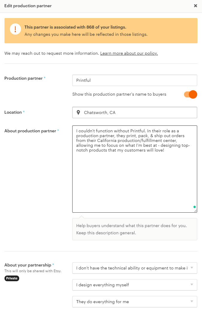 Add Printful as production partner to etsy